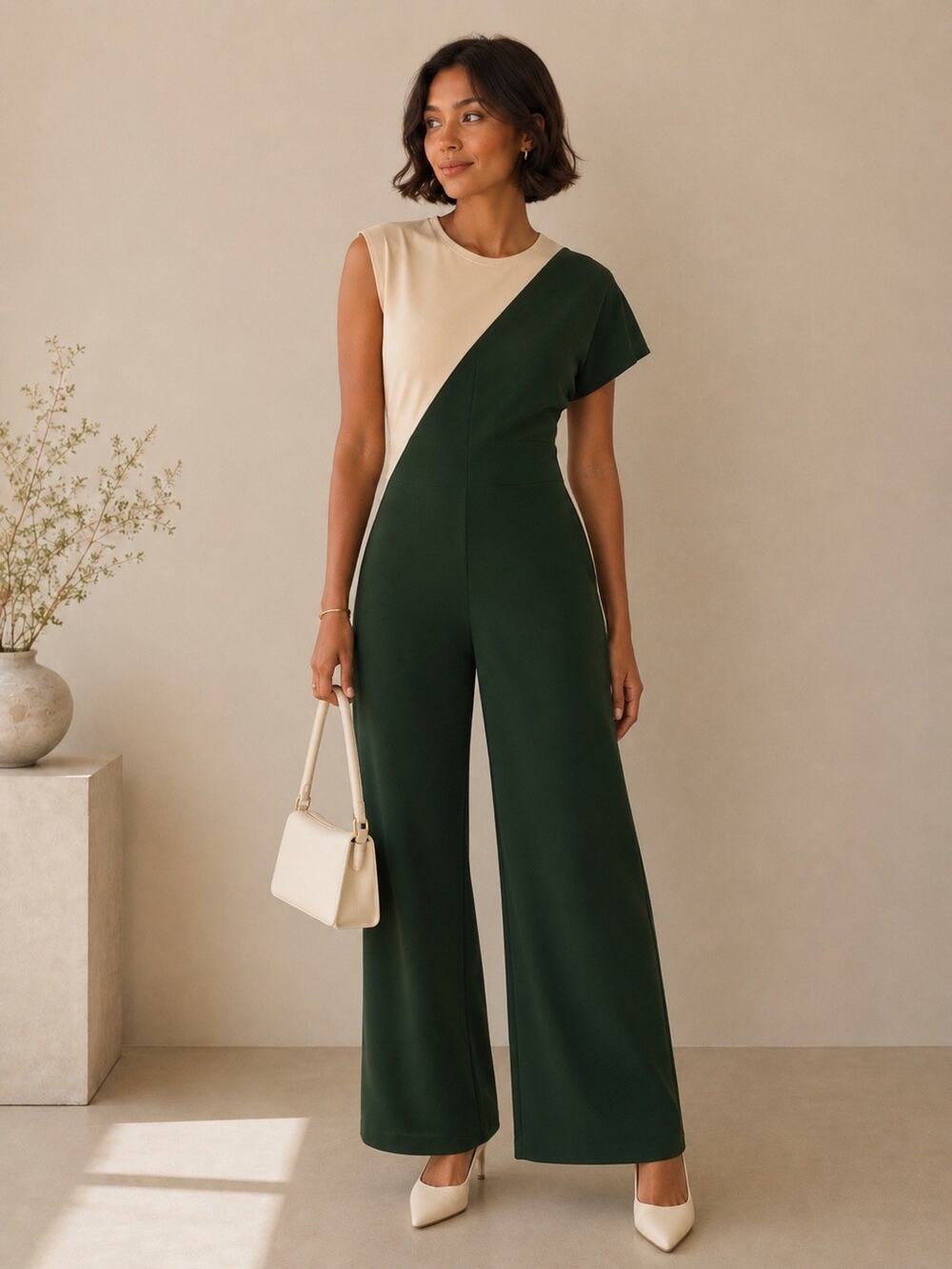 NWT Zara Green Ivory Colorblock Wide Leg Jumpsuit Asymmetrical Sleeve Party S